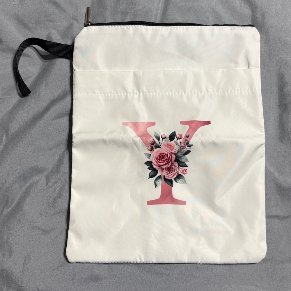 White Pouch with Pink Floral Initial